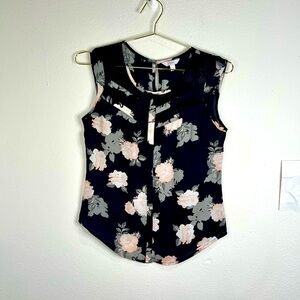 Candie’s Sleeveless Floral Blouse Small Black Pink Sheer Lace Trim High-Low Hem